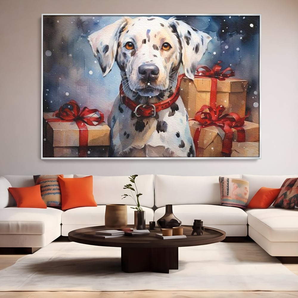 Tablou canvas cu tablou canvas cu dalmatian festv, in rama de aluminiu argintiu, pe perete intr-un living